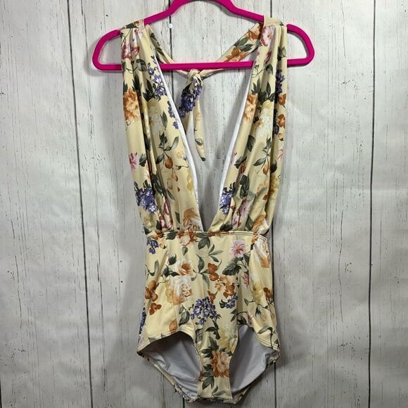 Cocoship Retro Floral Backless Deep V Neck High Waist Womens One Piece Swimsuit - Picture 1 of 16